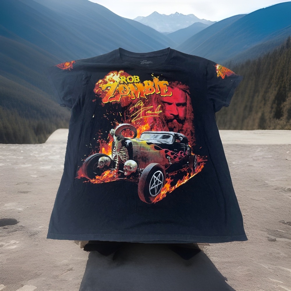 Rob Zombie Mens Graphic T-Shirt Black Large Hot Rod Skulls Pentagram Heavy Metal